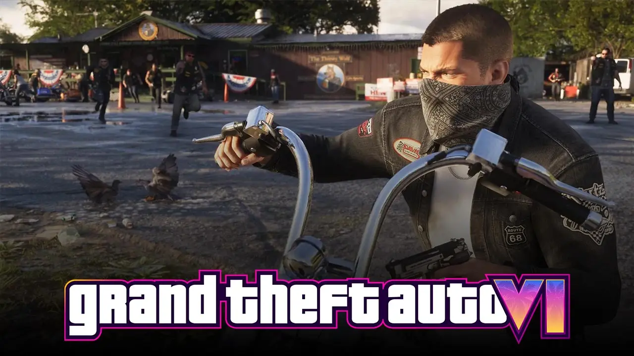 Jason sur un moto avec le logo GTA VI sur l'image provenant de la preview de Game Informer.