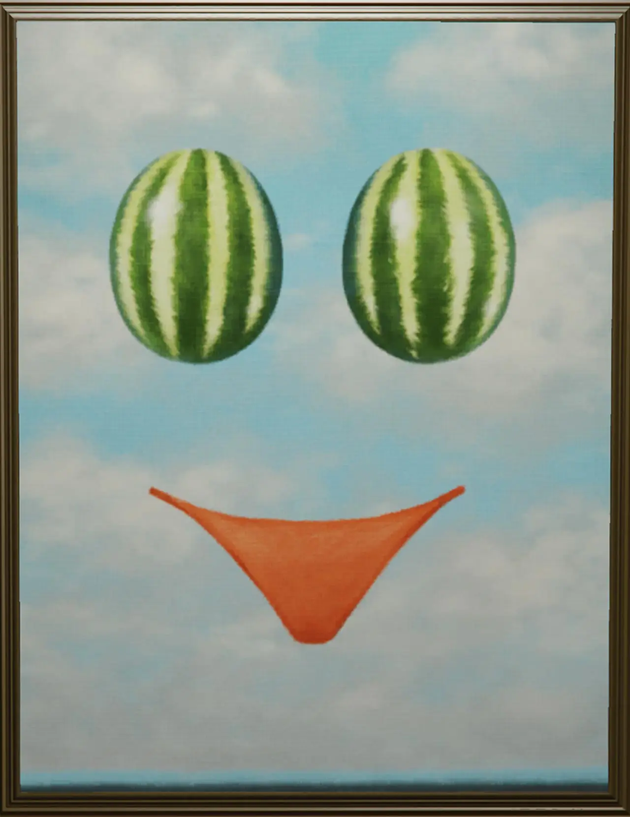 Œuvre d'art "Elle est pastèque ?" représentant une illustration d'un visage avec deux pastèques qui sont utilisées pour les yeux du visage.