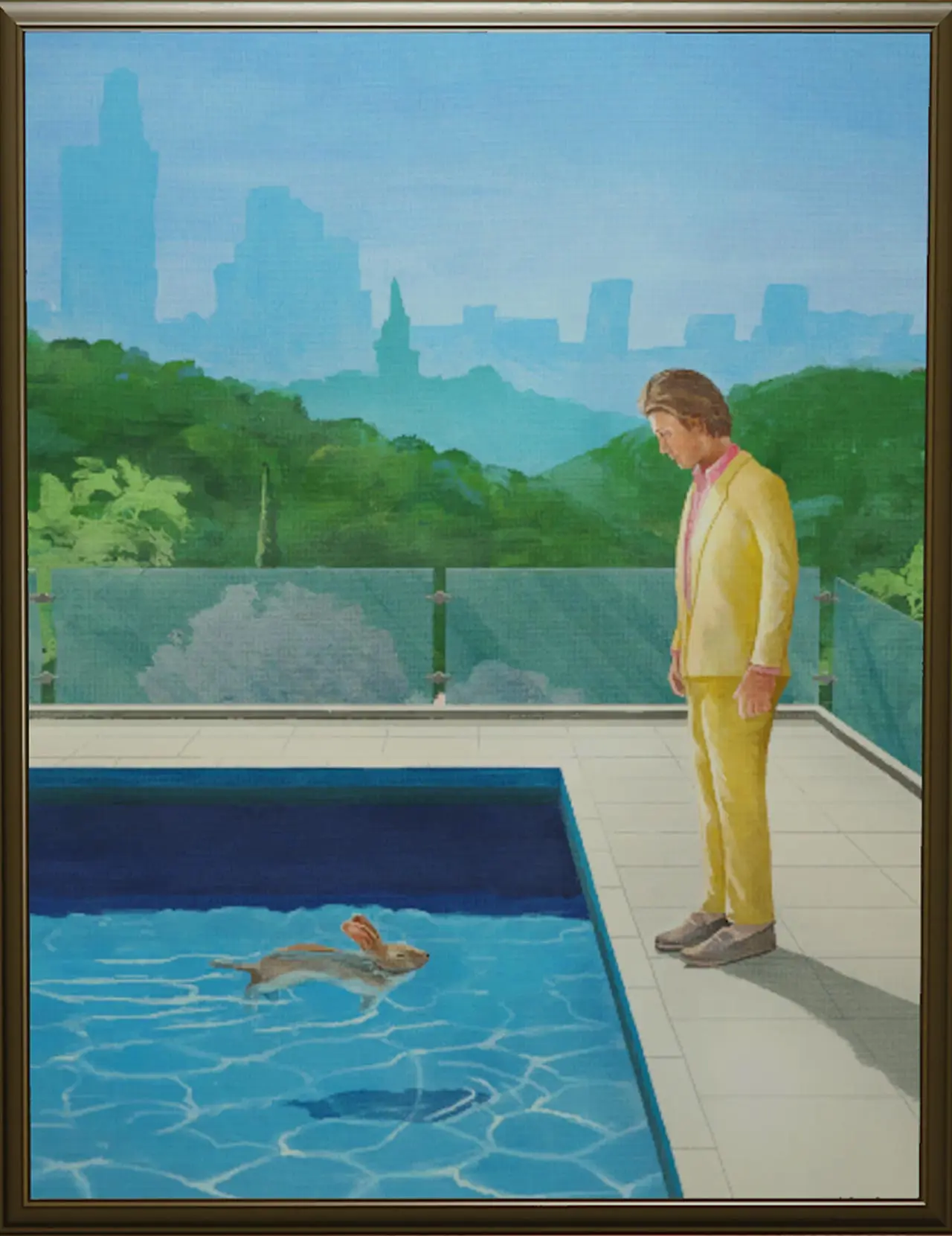 Peinture "Hase compagne" / "Hare Oneself Think" dans un style David Hockney faisant référence à sa toile "Portrait of an Artist (Pool with Two Figures)", représentant un joueur de GTA Online regardant un lapin nager da la piscine de sa villa.