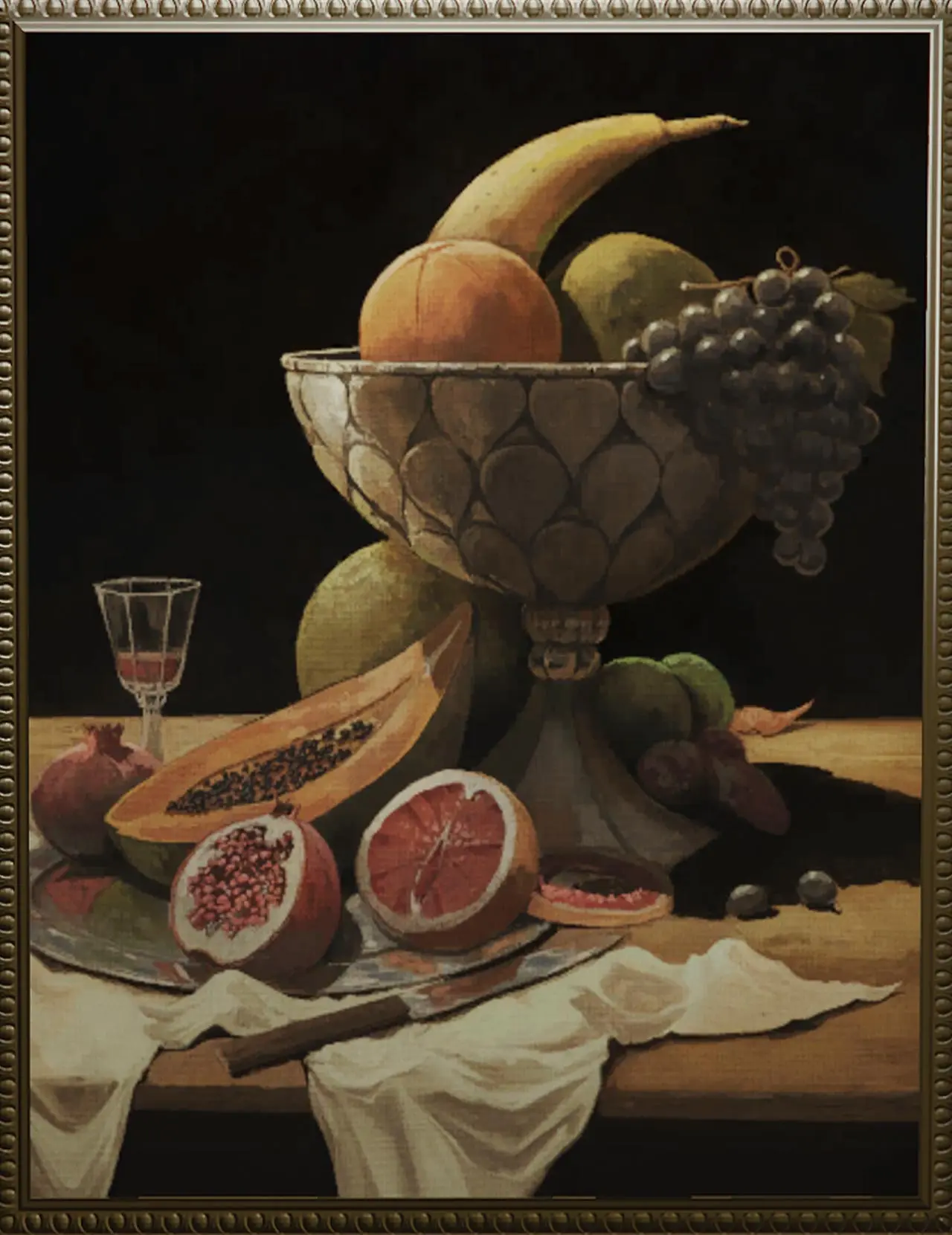 Tableau de nature morte d'une coupelle de fruits, représentant le logo du constructeur de téléphones I Fruit