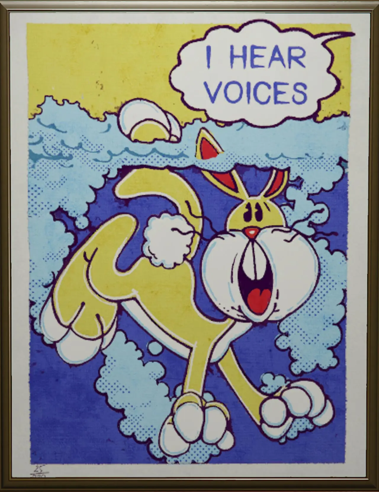 Tableau style pop art d'un lapin dans un piscine avec une bulle de dialogue "I Hear Voices"
