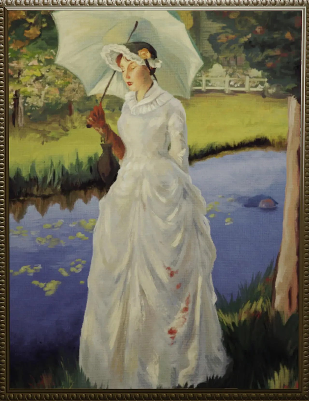 Tableau d'une femme du 19ème siècle en robe de mariée, marchand le long d'une rivière.