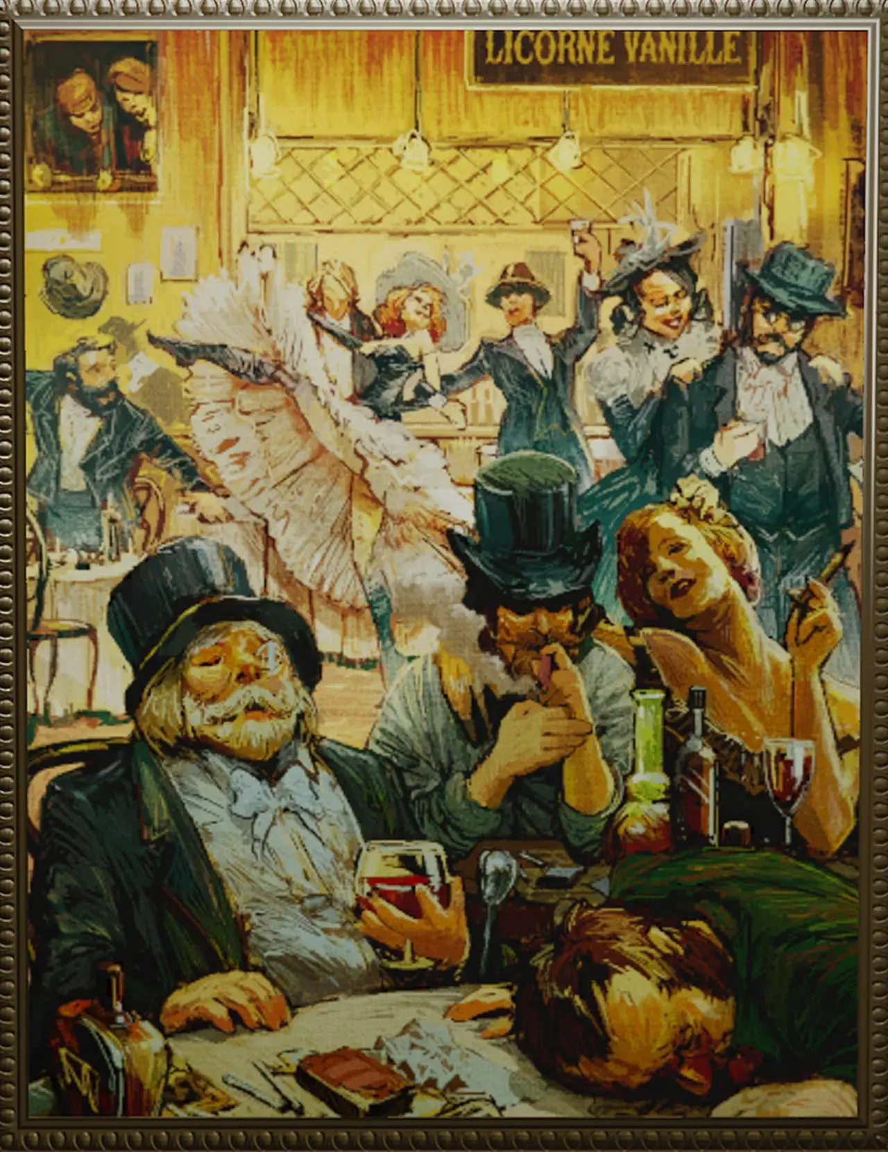 Tableau nommé "Excès du succès" représentants des personnes riches mangeant dans un restaurant au début du 20ème siècle.