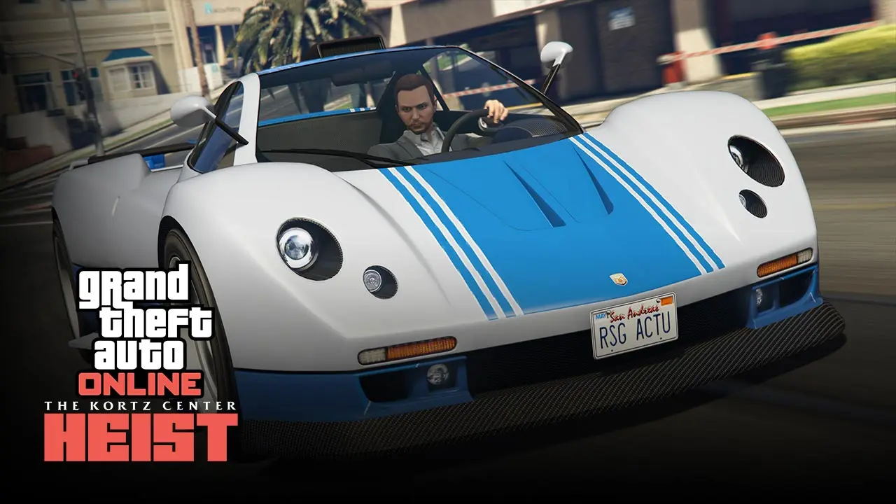 Voiture Pegassi Horus peinte en blanche avec une large bande bleu verticale sur sa carrosserie. Le logo de la mise à jour "Le Braquage du Kortz Center" est présent en bas à gauche de l'image.