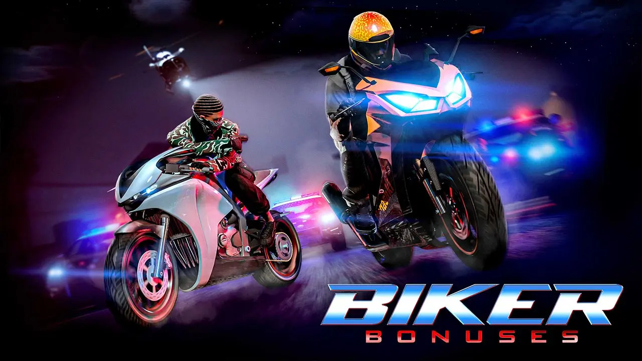 Deux joueurs de GTA Online roulant en moto avec des voitures de police derrière eux. Le texte "Bonus de motards" apparaît en bas à droite de l'image.