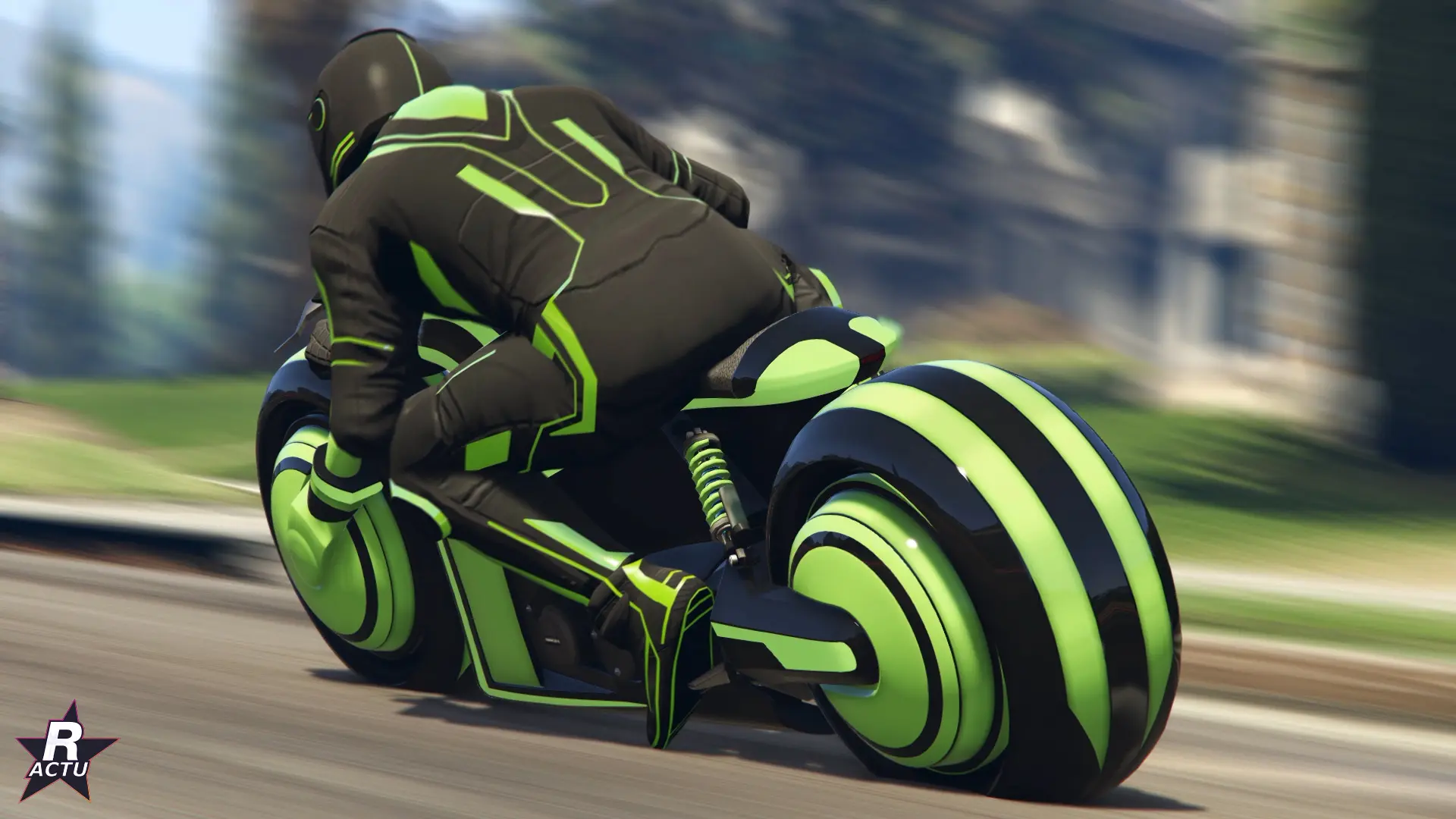 La moto Nagasaki Shotaro verte lumineuse penchée dans un virage dans GTA Online