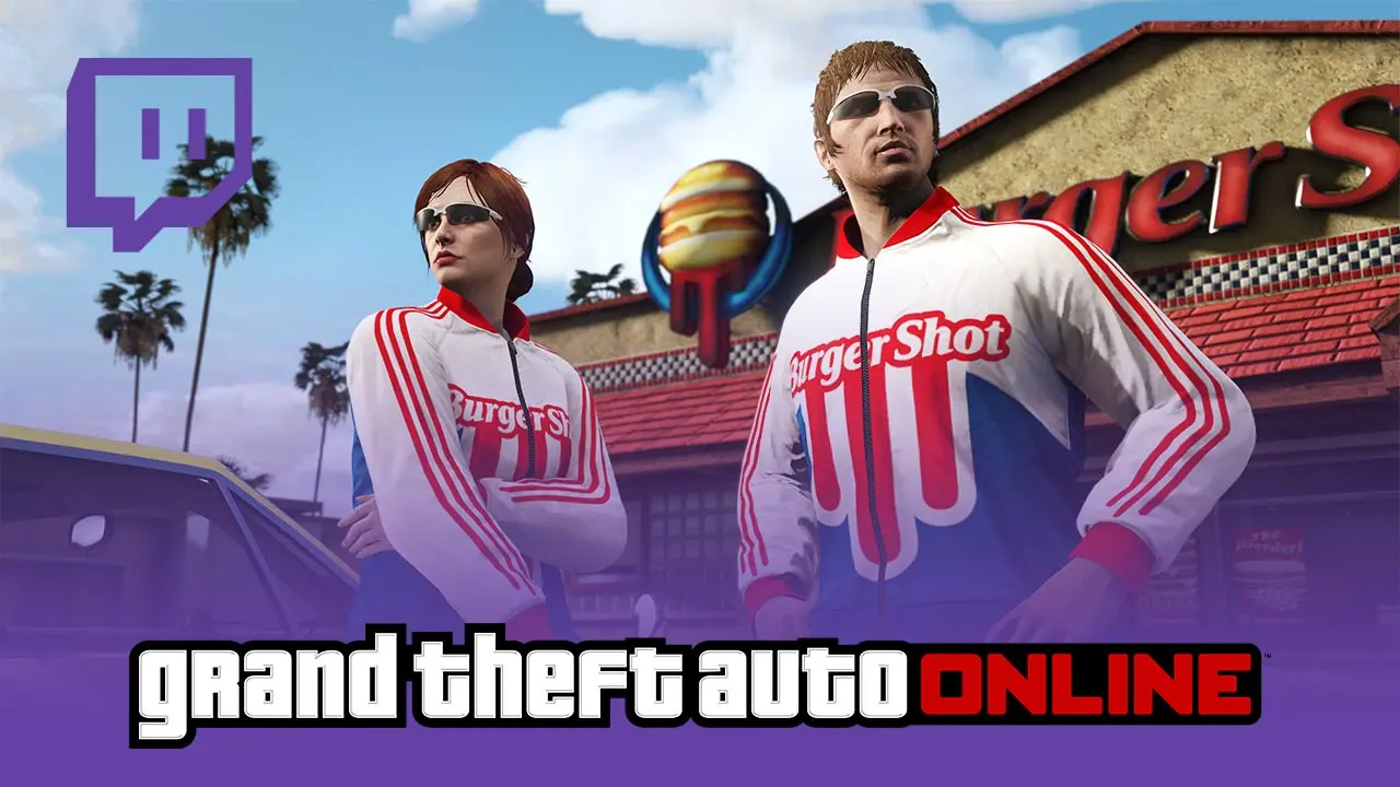2 joueurs de GTA Online portant la tenue Burger Shot à débloquer en Twitch Drops durant la campagne de lancement de la beta fermée de Nopixel V.