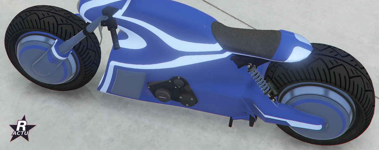 La moto Nagasaki Shotaro sans garde-boue avant, roue exposée, dans GTA Online