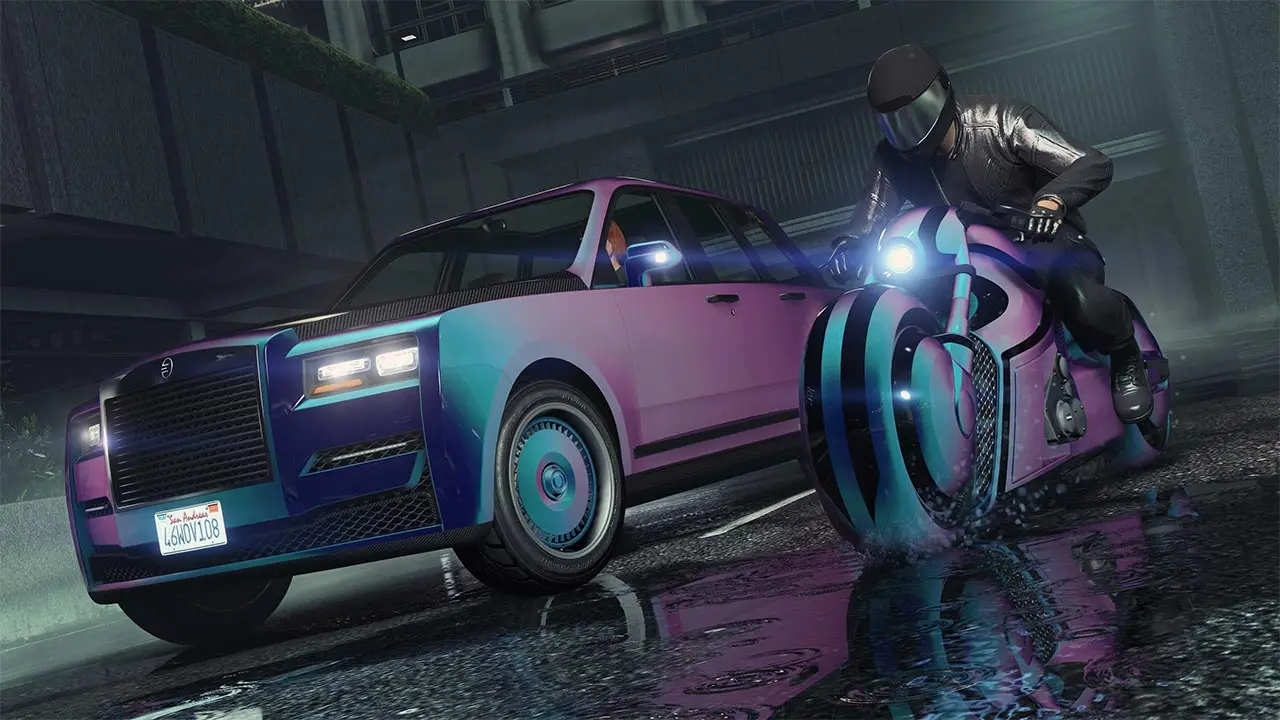 Peinture caméléon "Flip cyan/rouge" appliquée sur les carrosseries et les jantes d'une voiture Jubilée et d'un moto Shotaro.