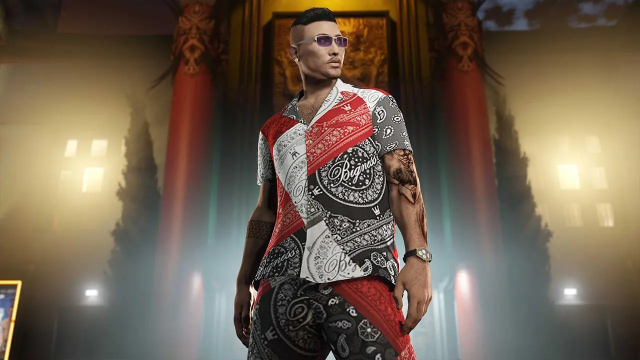 Un joueur de GTA Online portant les vêtements GTA+ de septembre 2026. Il s'agit de la chemise en col à revers patchwork Bigness et du jeans patchwork Bigness.