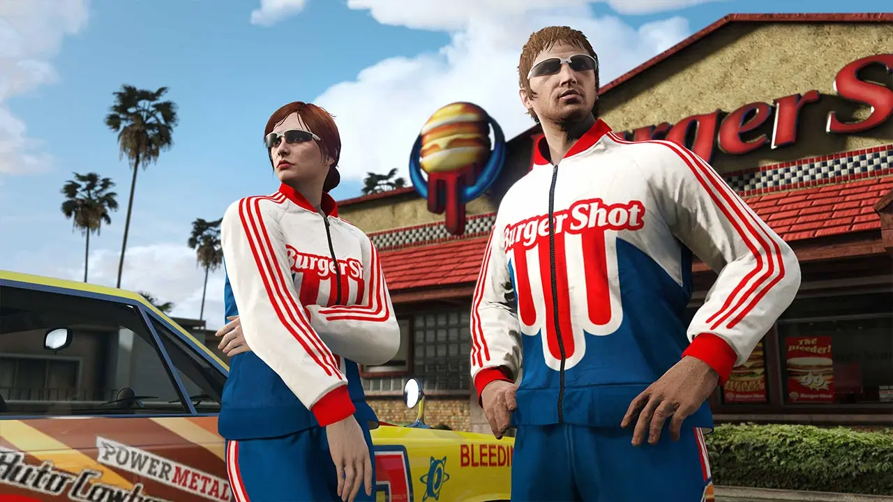 2 joueurs de GTA Online portant les vêtements "Survêt Burger Shot".