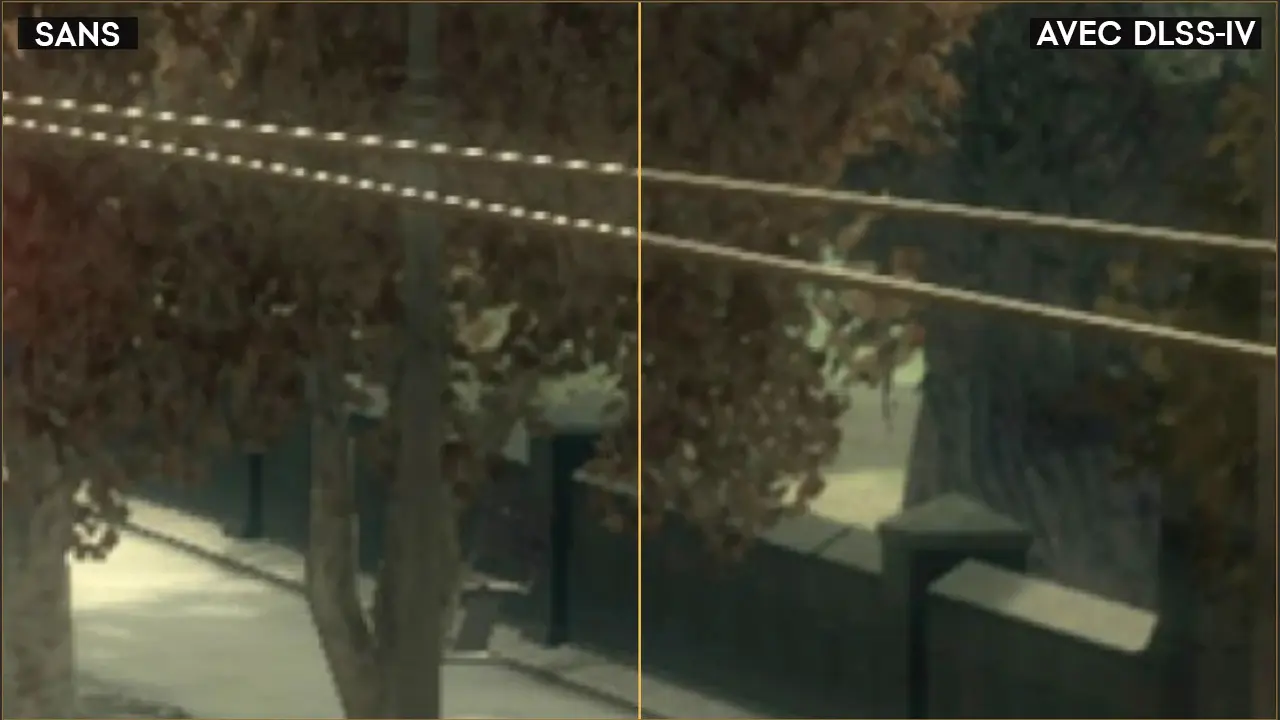 Image comparant les effets du mod graphique DLSS-IV lorsqu'il est activé et désactivé lors d'une session de GTA 4. Lorsqu'il est activé, l'aliasing autour de fines fixations d'un lampadaire disparaît sur cette image comparative.