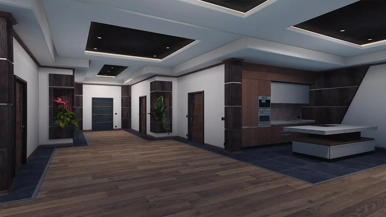 Vue intérieur d'un appartement moderne avec des murs peints en blanc et recouverts par moment, de parois en bois, dans le serveur GTA V RP Nopixel V.