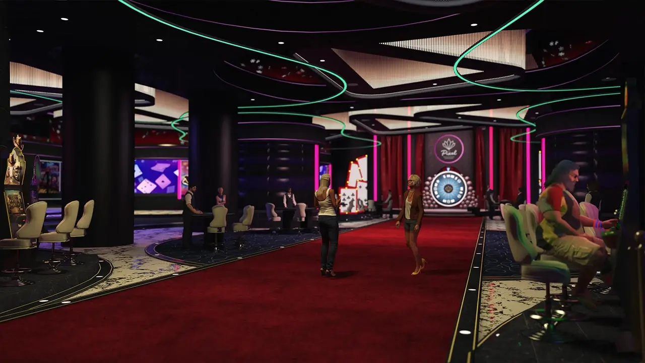 Intérieur du casino "Pixel" dans le Mile High Club du serveur Nopixel V. L'interieur du casino est pourvu d'un grand tapis rouge menant à une roue de la fortune, tandis que de parte et d'autres du tapis, se trouve des machines à sous.