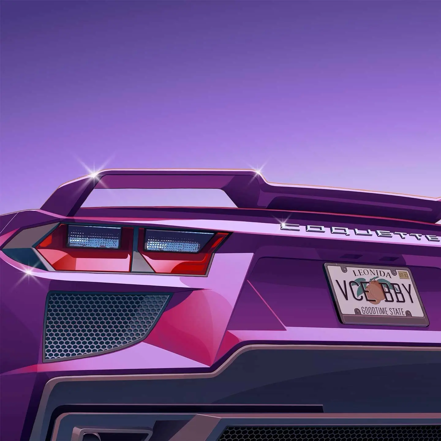 Artwork d'une voiture Invetero Coquette dans une ambiance roses néons du jeu GTA VI