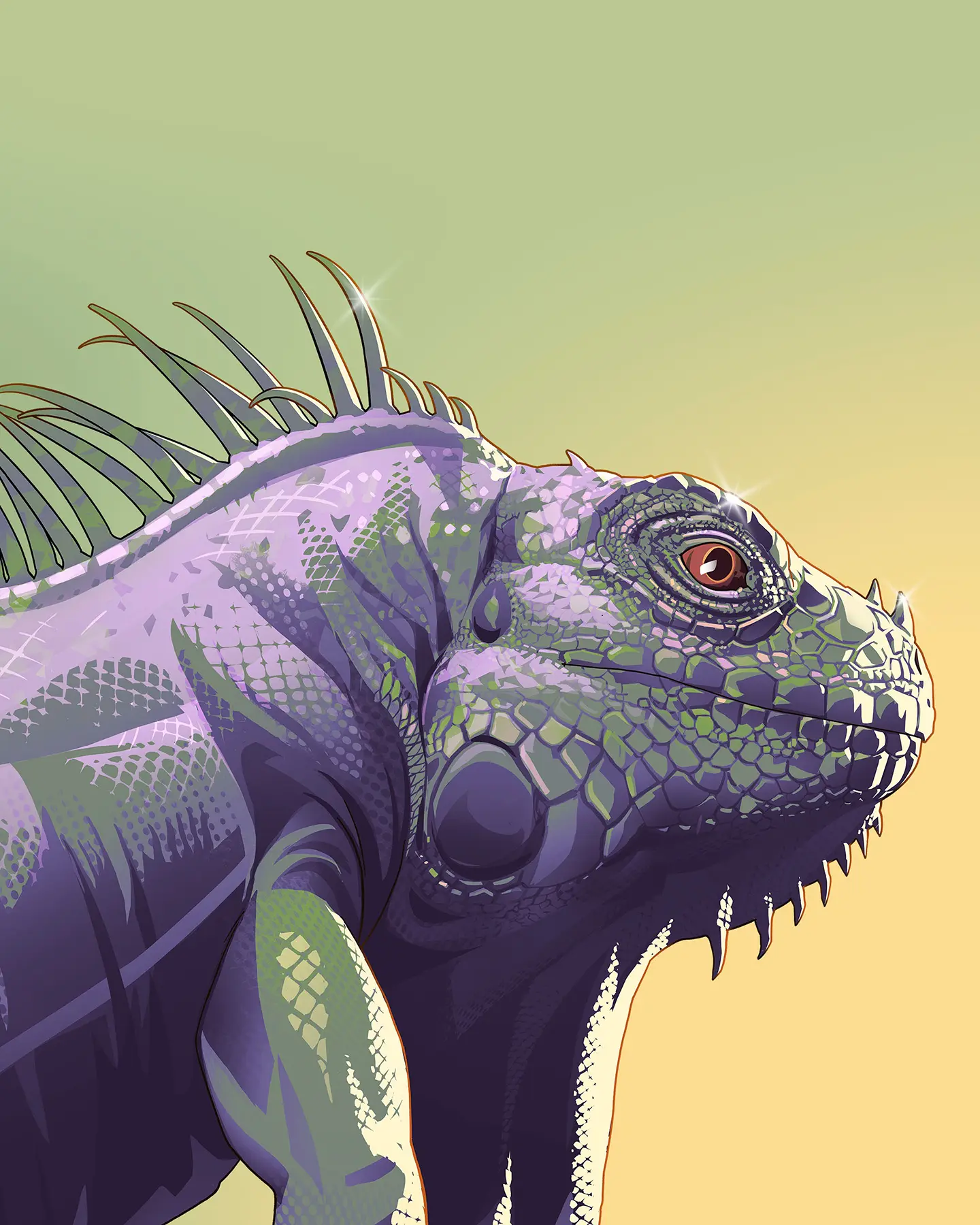 Artwork d'un gros plan sur la tête d'un iguane.