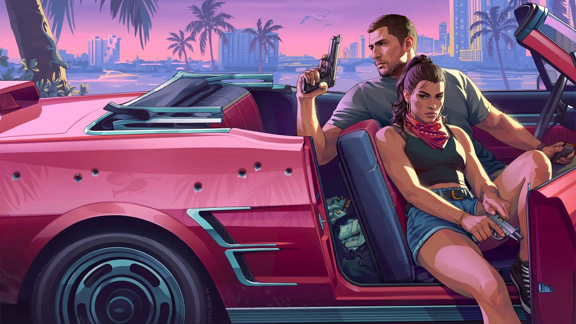 Artwork de Jason et Lucia, les deux personnages jouables de GTA VI, les représentants dans une voiture décapotable. Cet artwork était l'image de couverture de la preview de Game Informer.