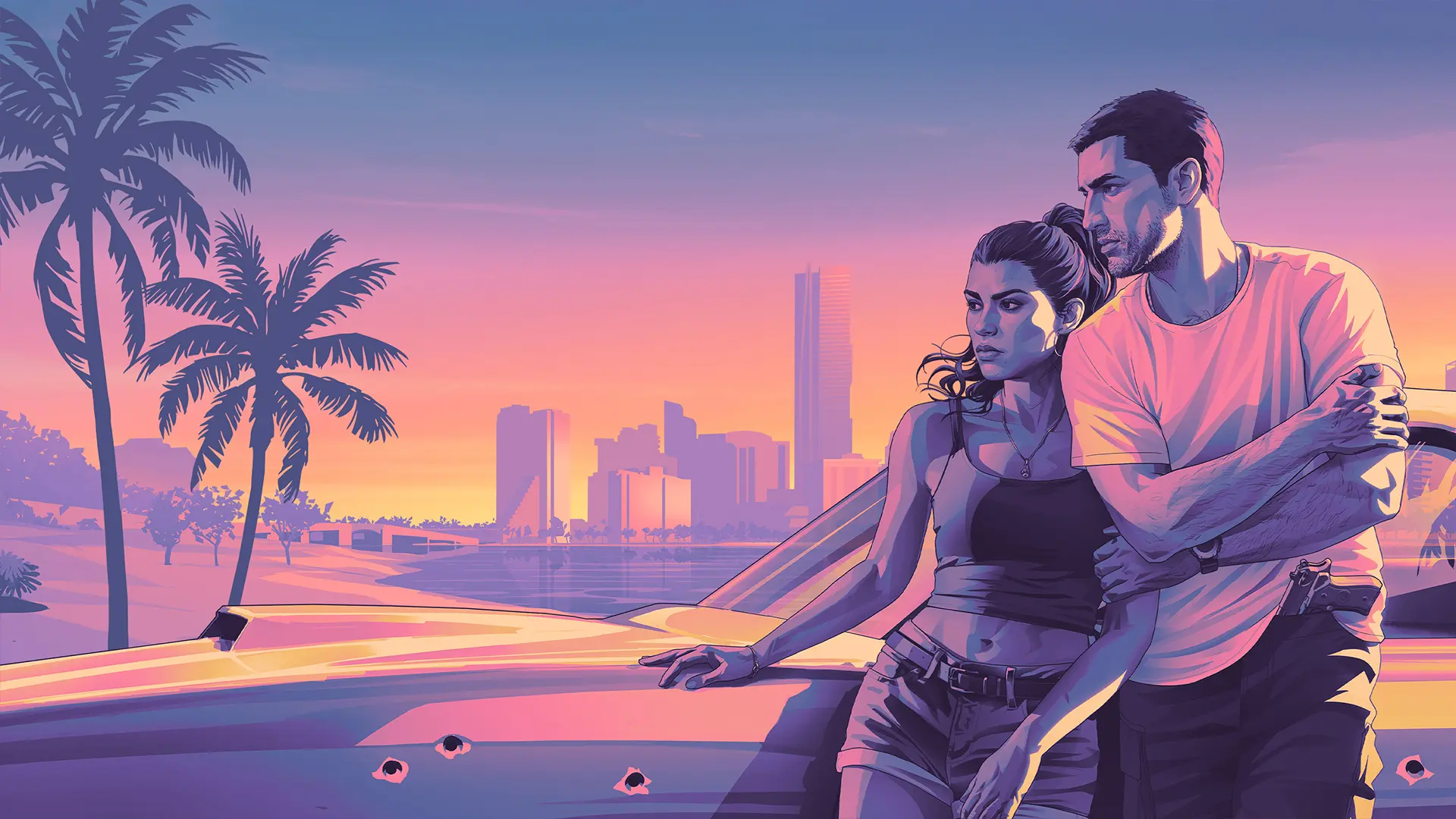 Artwork du couple Jason et Lucia adossé sur une voiture, tout en admirant un couché de soleil à Vice City. Il s'agit de l'artwork de couverture de la soundtrack du jeu, The Album.