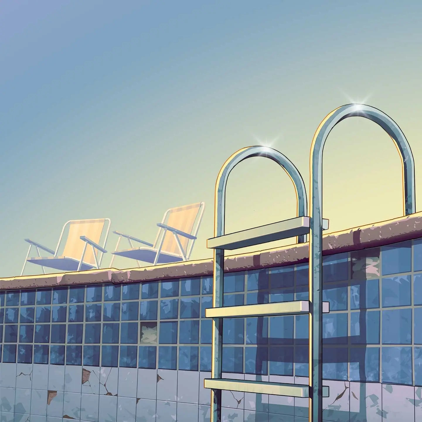 Artwork d'une piscine vide avec une échelle et du carrelage bleu.