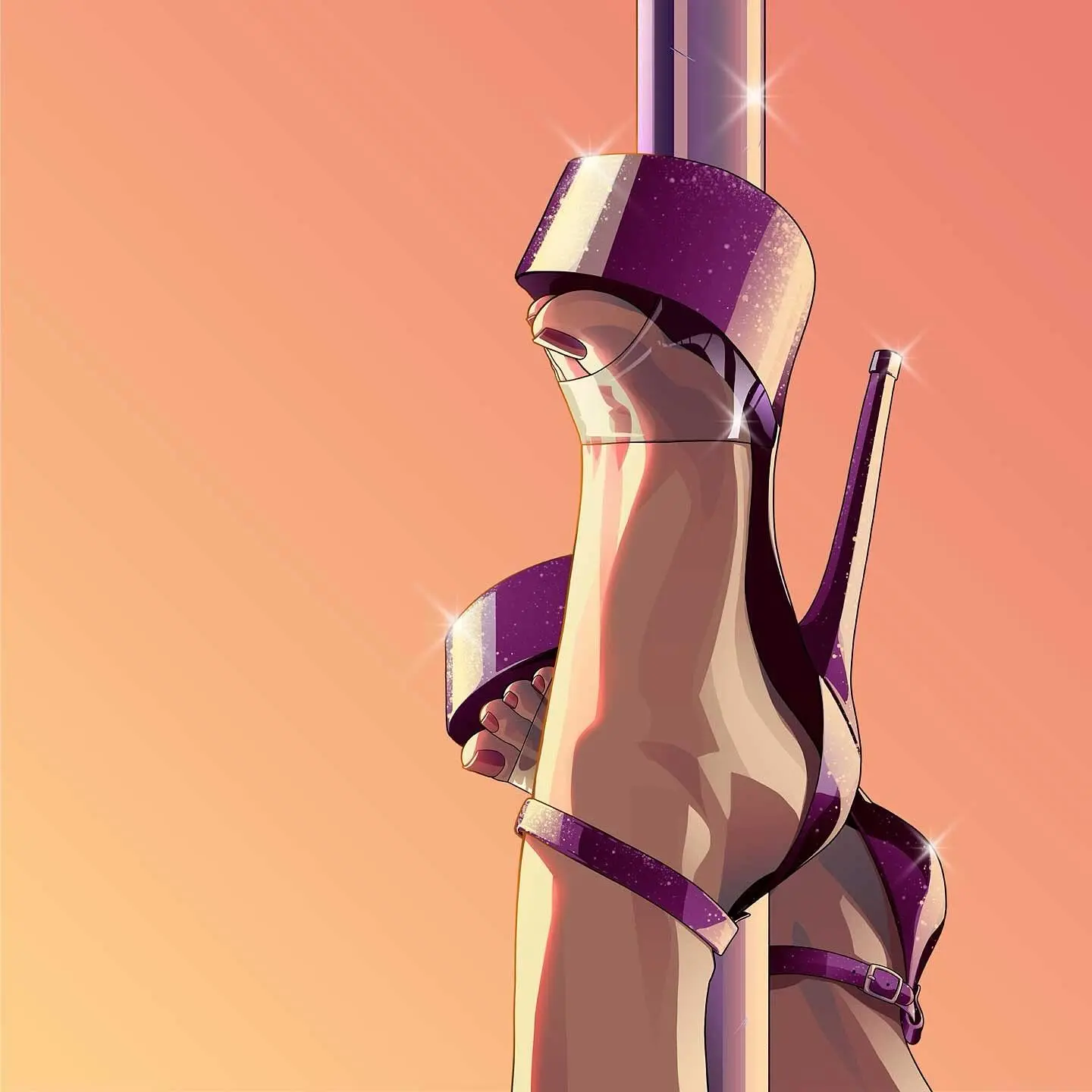 Artwork d'un grand plan sur les chaussures à talons d'une stripteaseuse suspendue à l'envers sur une barre de pole dance.