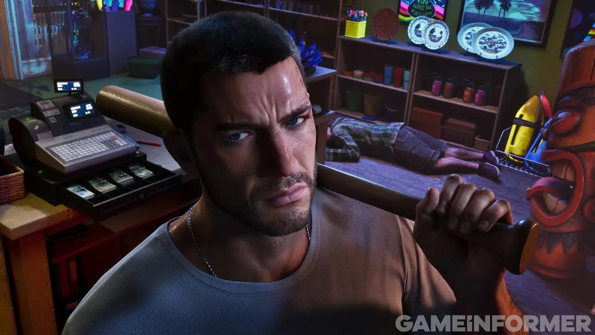 Jason avec une batte de baseball dans un magasin.