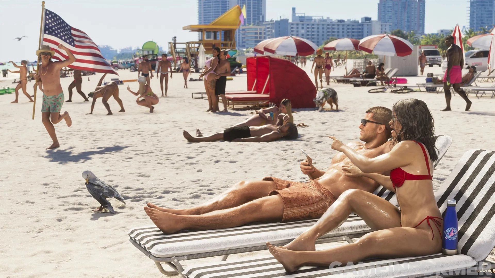 Jason et Lucia allongés sur une serviette à la plage de Vice City.