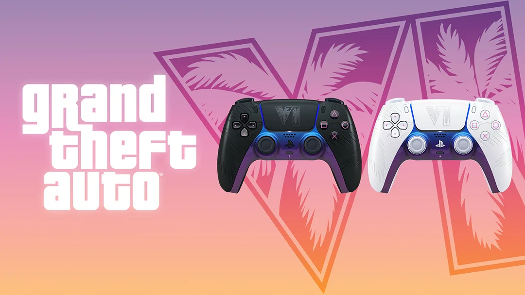 Manettes PS5 en édition limitée aux couleurs du jeu GTA VI.
