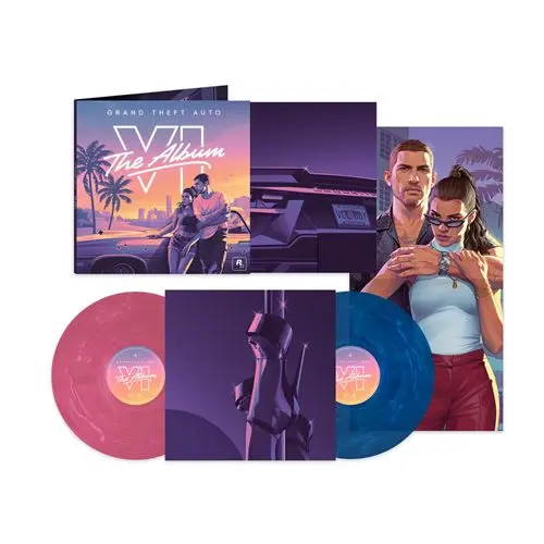 Album limité de la bande-son de GTA VI dans sa version Fnac en vinyle. L'un des disques en rose, tandis que le second et mauve. La pochette inclut l'artworks de Lucia et Jason issue de la preview de Dazed.