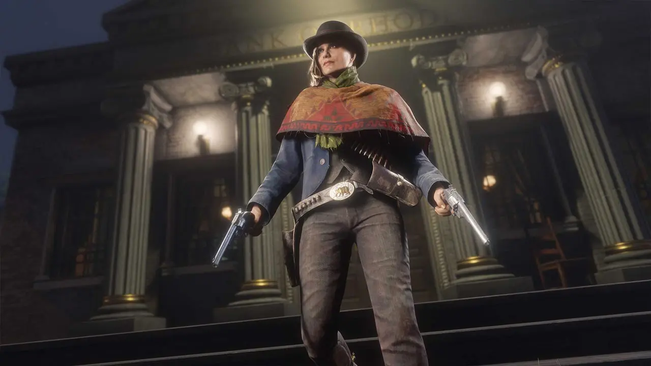 Un personnage de Red Dead Online, portant sur lui les différentes récompenses à débloquer avec les avantages du mois de septembre 2026.