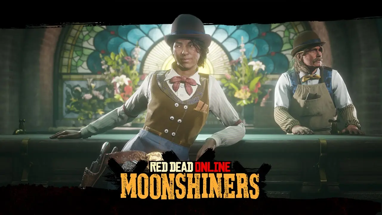 Un joueur de Red Dead Online attablé au bar de la cabane du rôle de distillateur
