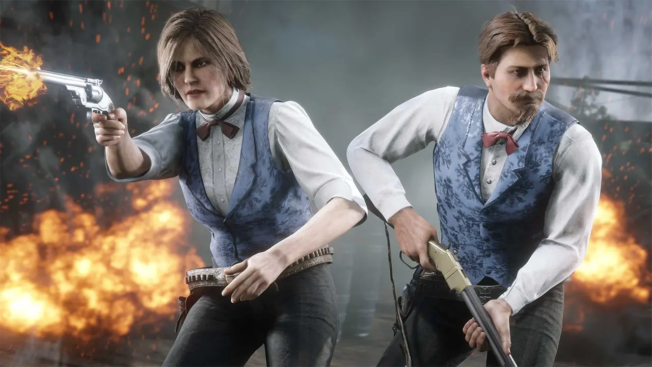 Deux joueurs de Red Dead Online, portant tous les 2, la tenue communautaire de septembre 2026 créée par Nerdygeekybisaya. Cette tenue se compose d'un chemisier blanc avec un gilet à motif bleu et d'un nœud papillon.