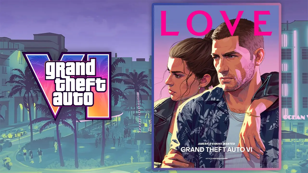 Couverture du magazine Love qui contient de nouvelles infos et images de GTA VI. La couverture est un artwork de Jason et Lucia enlacés.