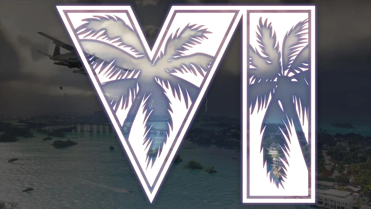 Paysage de la carte de GTA 6 avec un grand logo blanc "VI" du jeu.