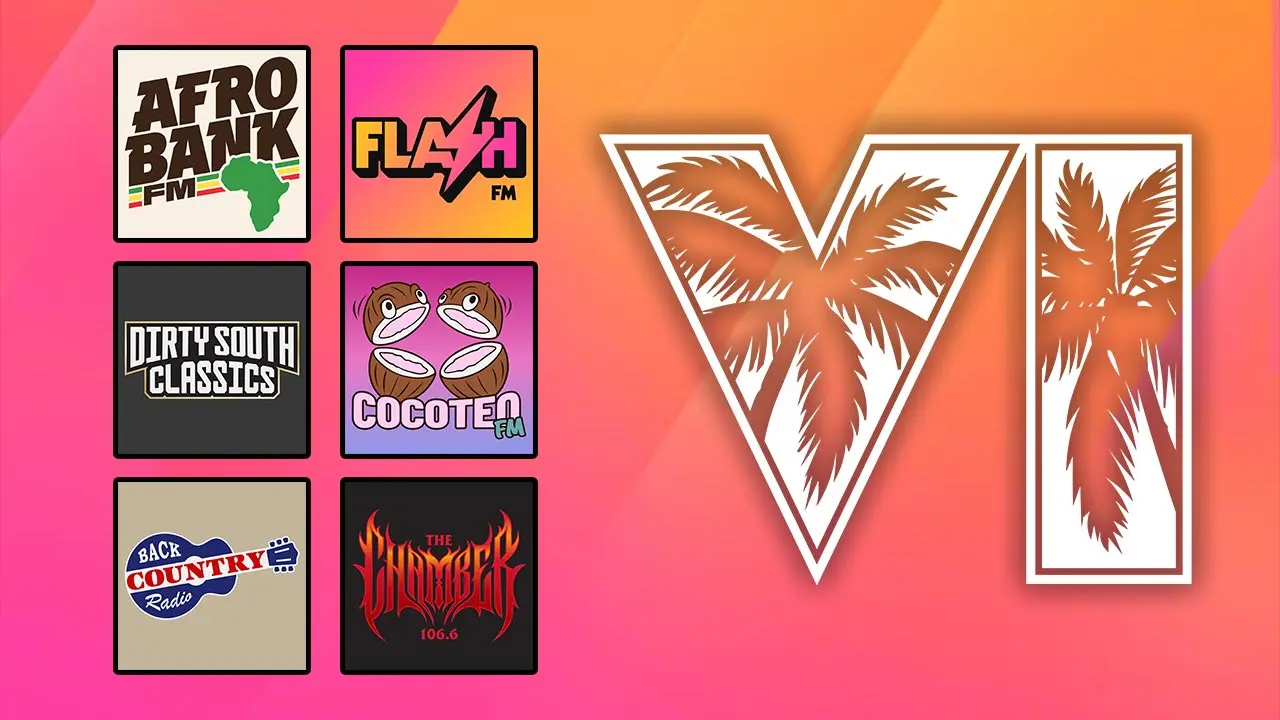 Miniatures de 6 radios présentes dans le jeu vidéo GTA VI, avec son logo en grand dans sa déclinaison blanche.