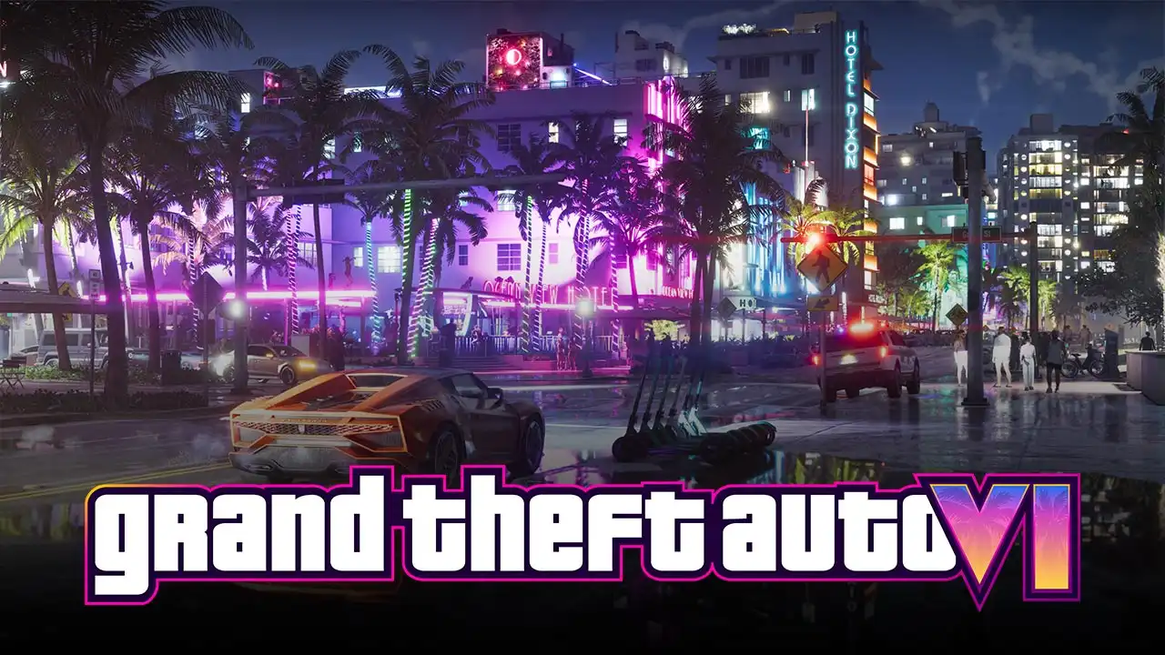 Ville de Vice City sous la nuit et les néons roses des bâtiments, avec le logo "Grand Theft Auto VI" sur l'image.