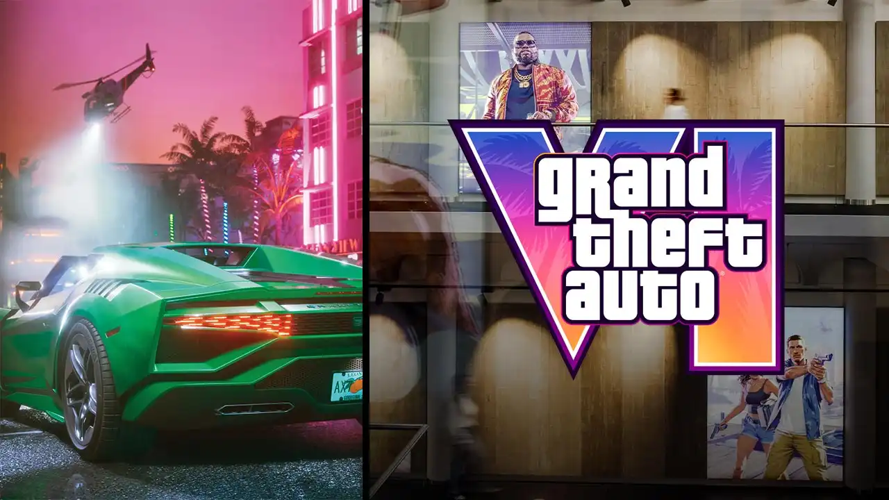 Collage d'une image de GTA VI avec une seconde du studio Rockstar North capturée pour le making of du jeu par Bloomberg.