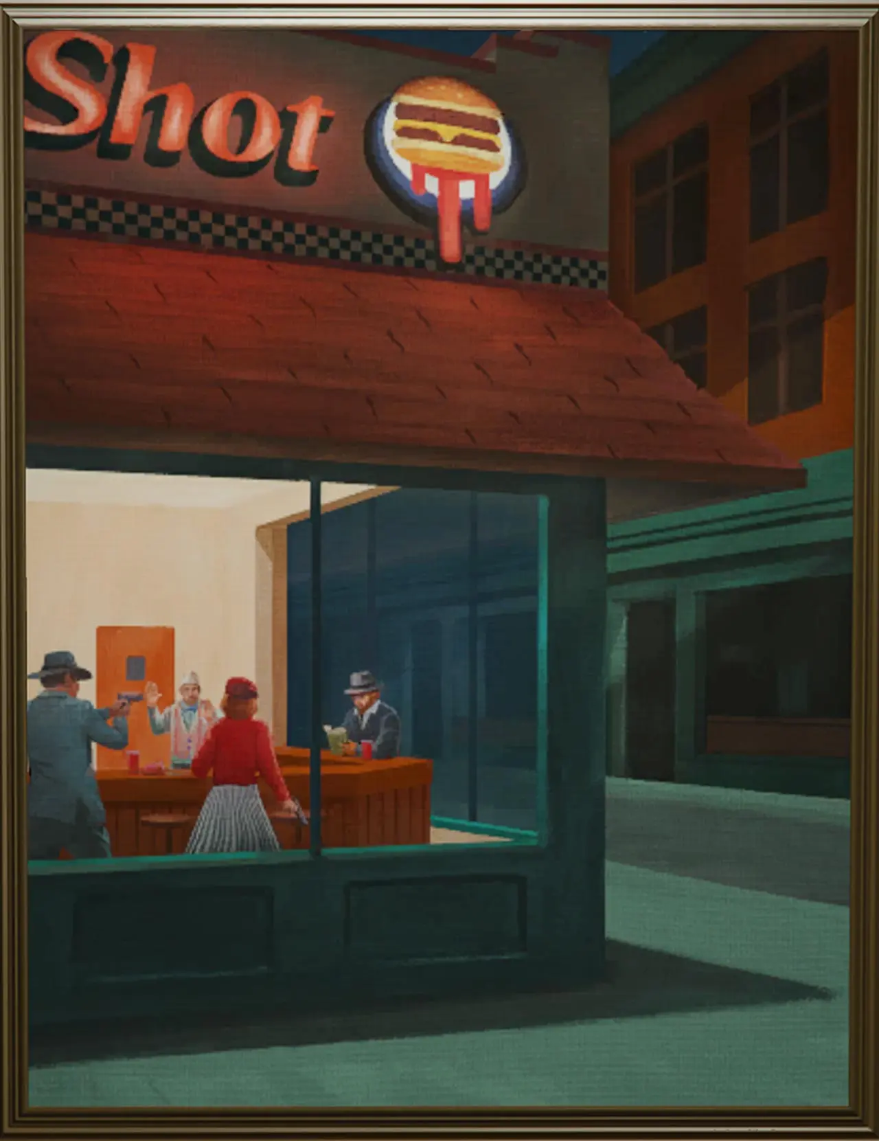 Peinture d'un fast food Burger Shot ouvert sur une route dans une ville en pleine nuit, ou l'enseigne du commerce illumine la toile.