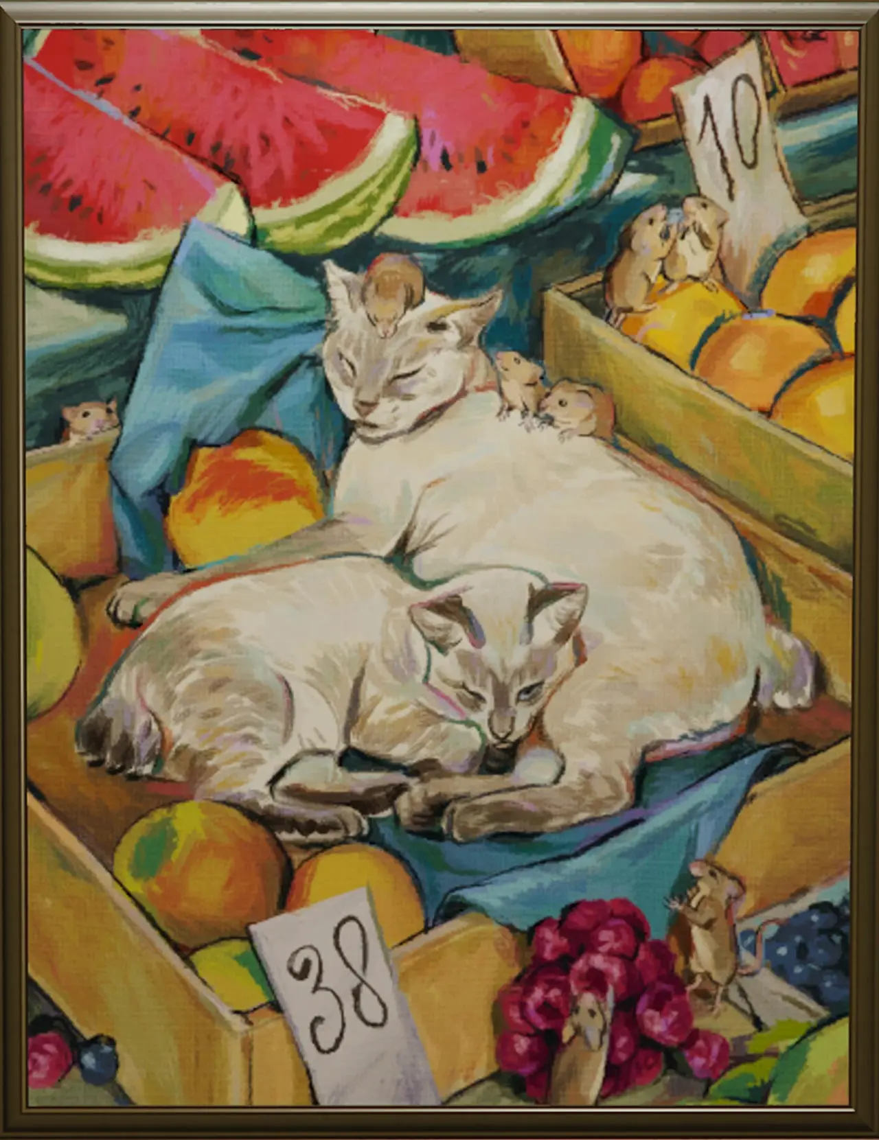 Peinture de chats blancs dormants tendrement dans un cageot de fruits dans un marché. Ce tableau se nomme "Chats sur Fruits" et a été peint par l'artiste Eugenie Bibeault.