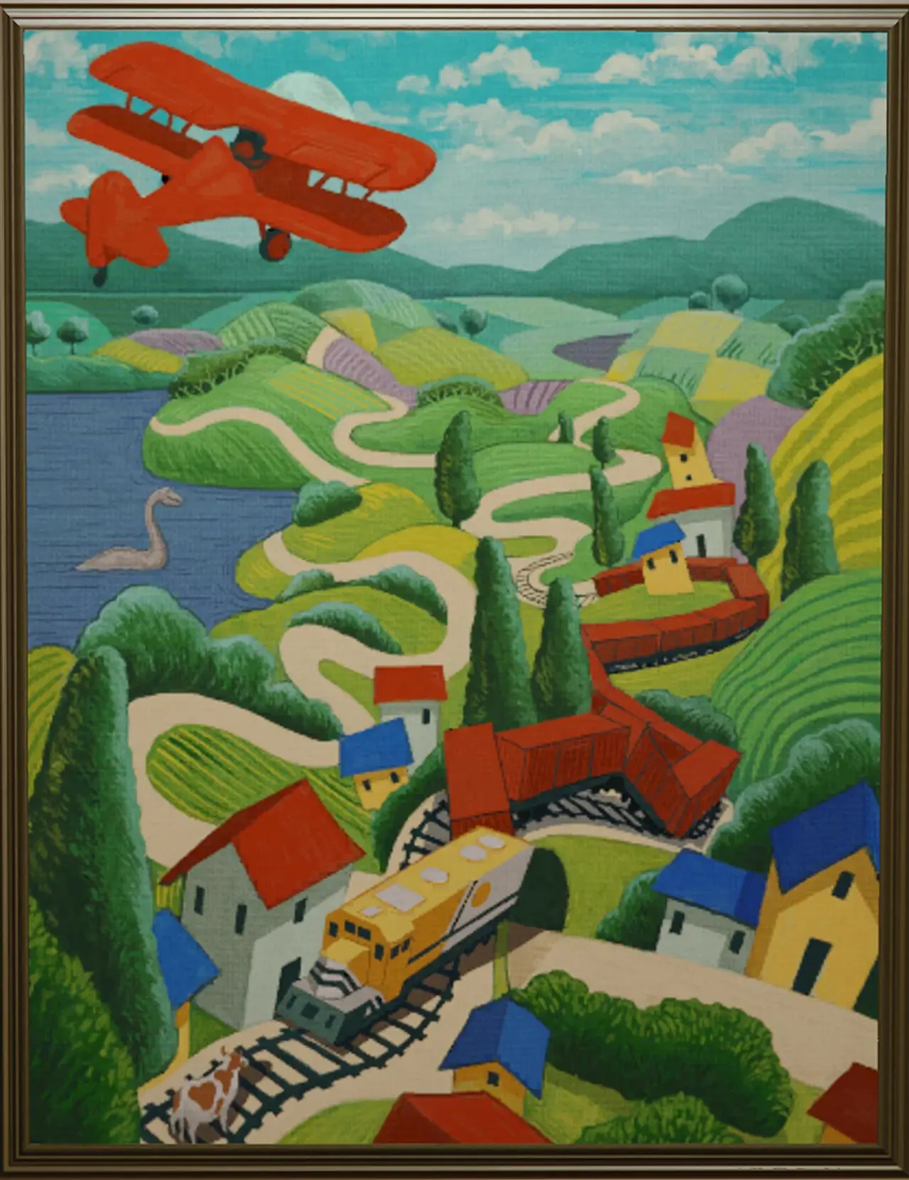 Tableau aux couleurs tranchées, d'une représentation comme un dessin d'enfant, d'une voie ferrée escarpée sillonnant une vallée.