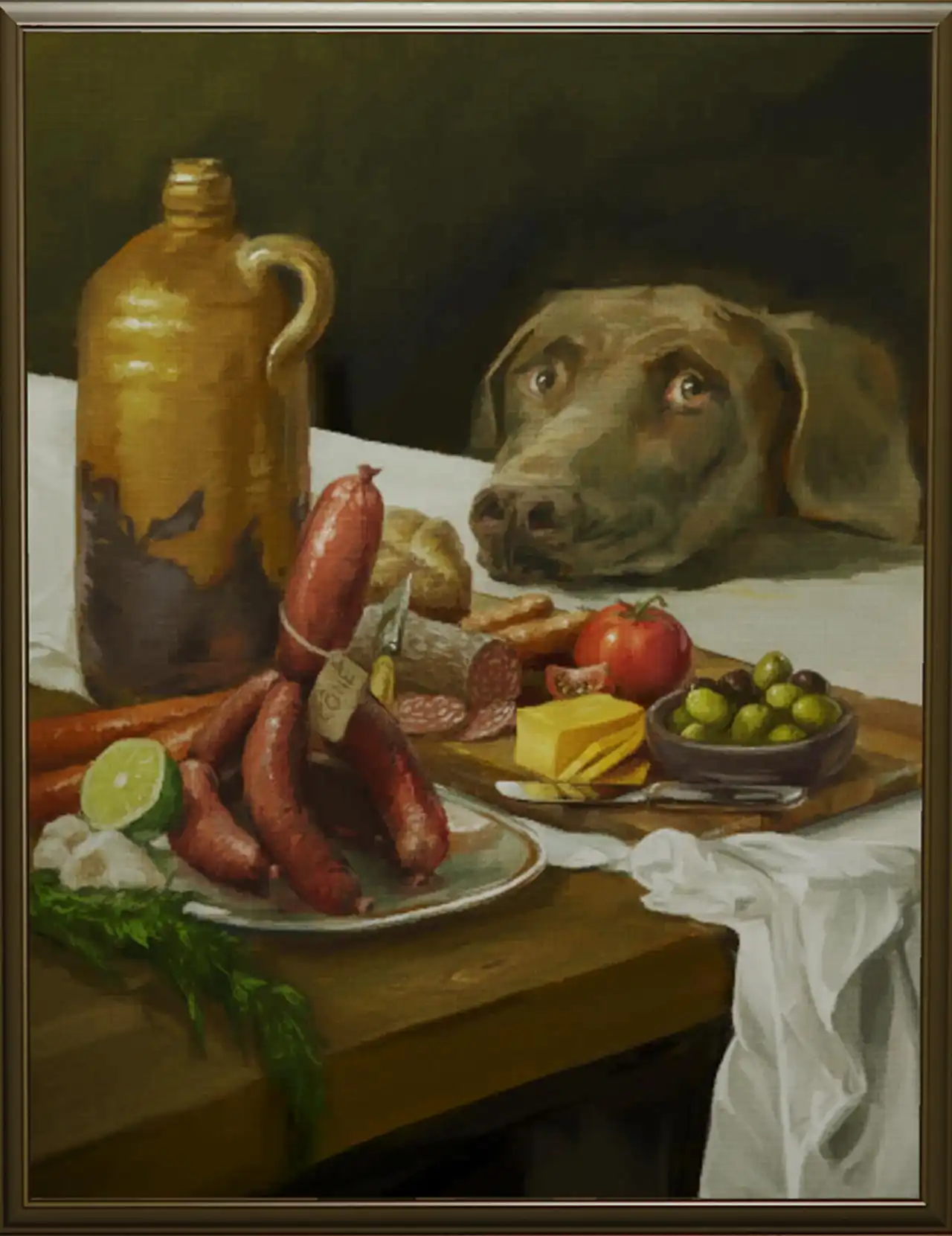 Peinture représentant un chien, regardant le spectateur d'un air suppliant, à côté d'une table en bois contenant une assiette remplie de saucisse. Cette œuvre d'art a été peinte par Cornelis Mierenneuker avant d'être exposée dans le musée du Kortz Center sous le nom de "Chien saucisse".