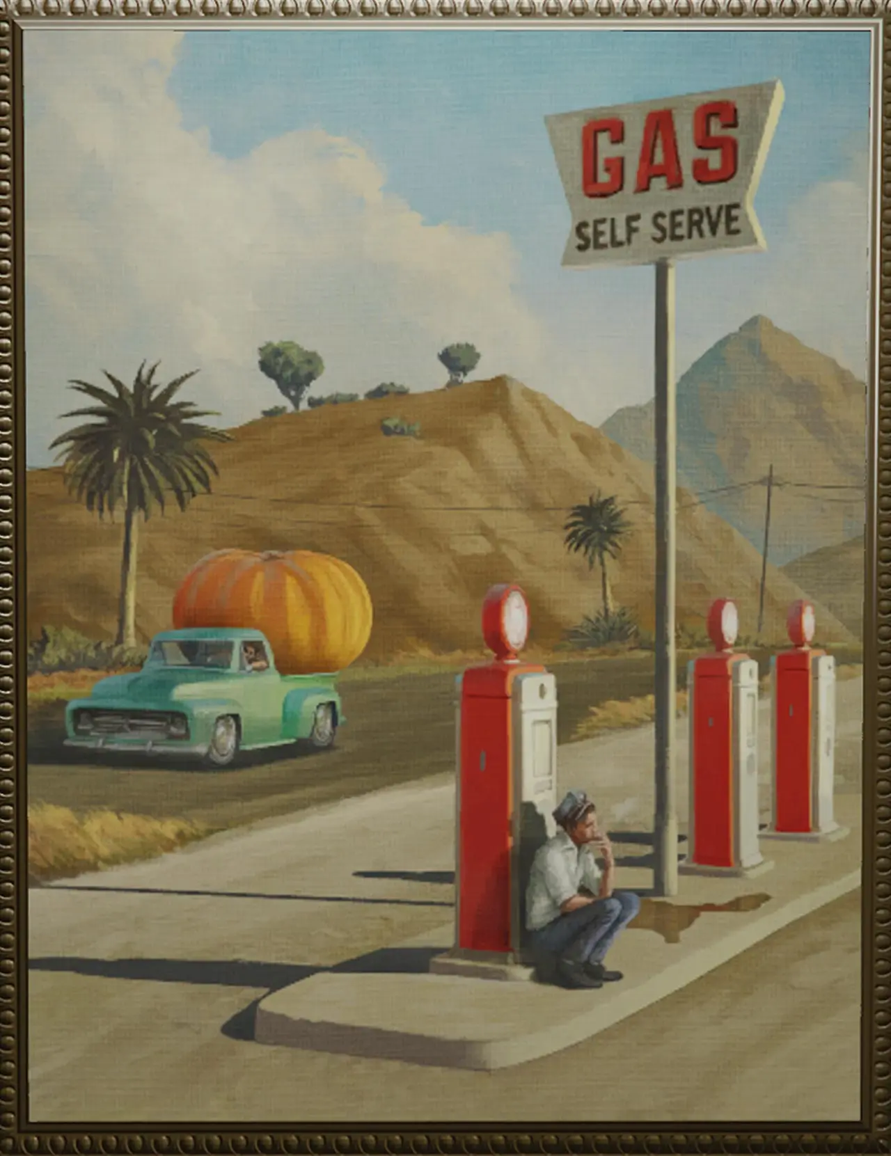 Peinture représentant une station service dans les années 1950, avec un pick-up contenant une citrouille géante et un pompiste assis à côté des bornes d'essences rouges typiques des États-Unis à cette époque.
