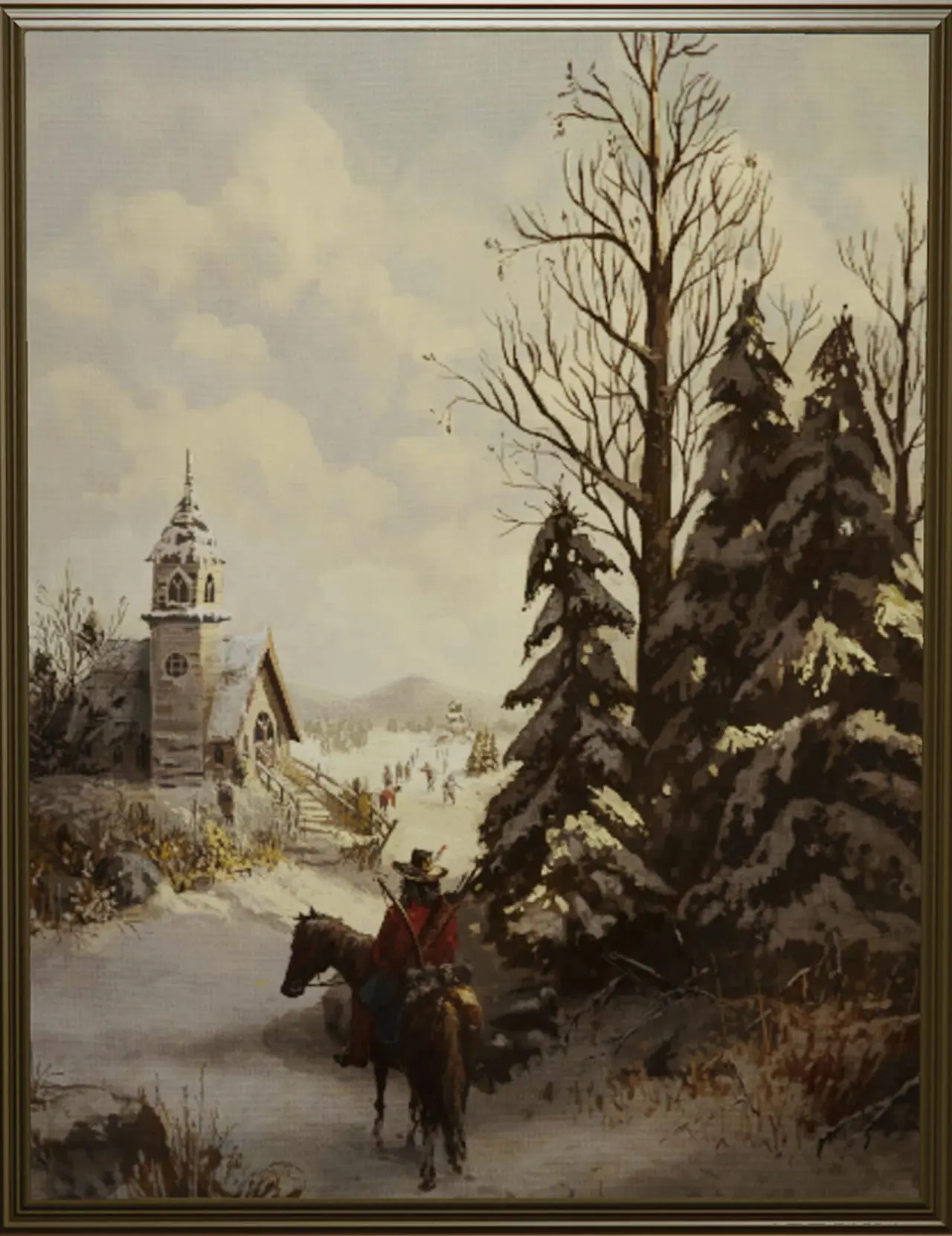 Peinture représentant un cowboy sur son cheval, marchand dans la neige à North Yankton.