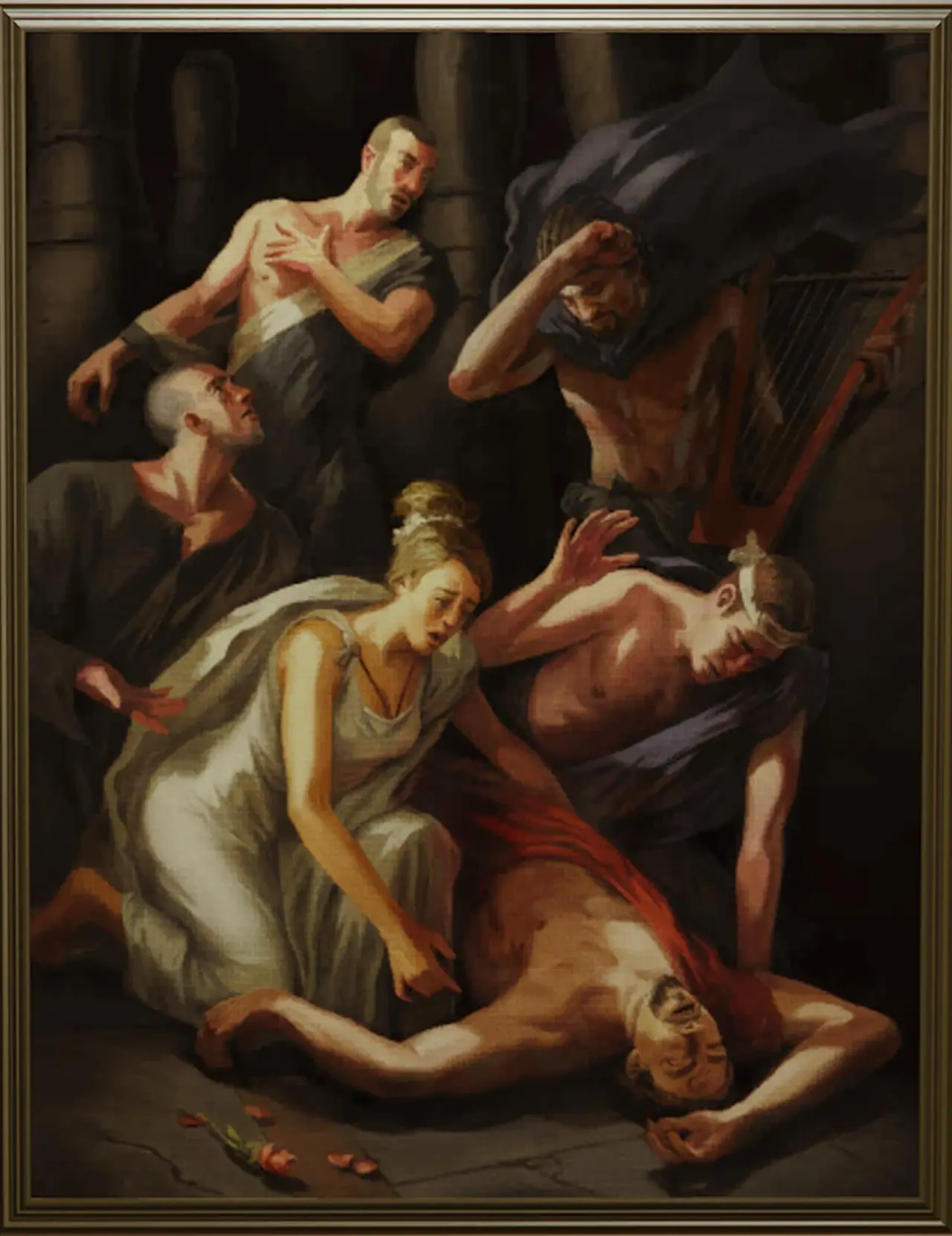 Tableau dans un style Caravagisme représentant la mort de Roman lors de son mariage dans GTA IV. Cette œuvre d'art se nomme "La chute de Rome" (The Downfall of Rome) et se trouve exposée dans le musée du Kortz Center de GTA Online.