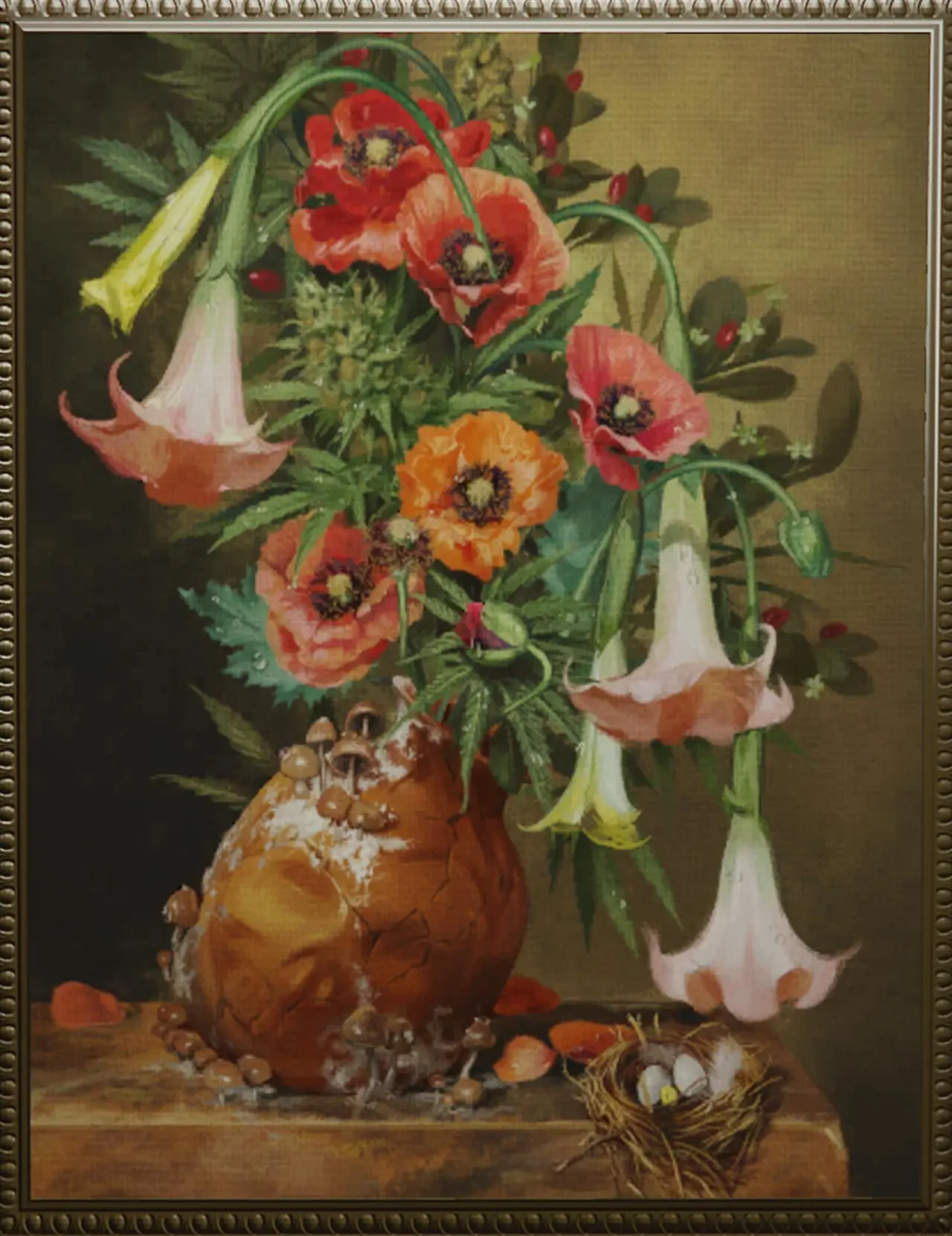Peinture d'une nature morte d'un pot de fleur avec des fleurs fanées, sur une table.