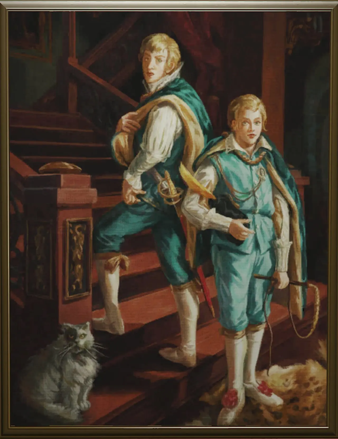 Peinture de deux frères du culte Kifflom posant dans un intérieur boisé, style manoir anglais.