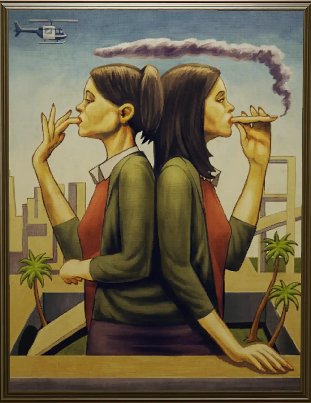 Peinture sur toile de deux femmes jumelles, dos à dos, fumant toutes les deux une cigarette. Ce tableau du musée du Kortz Center s'intitule "Tabagisme siamois"