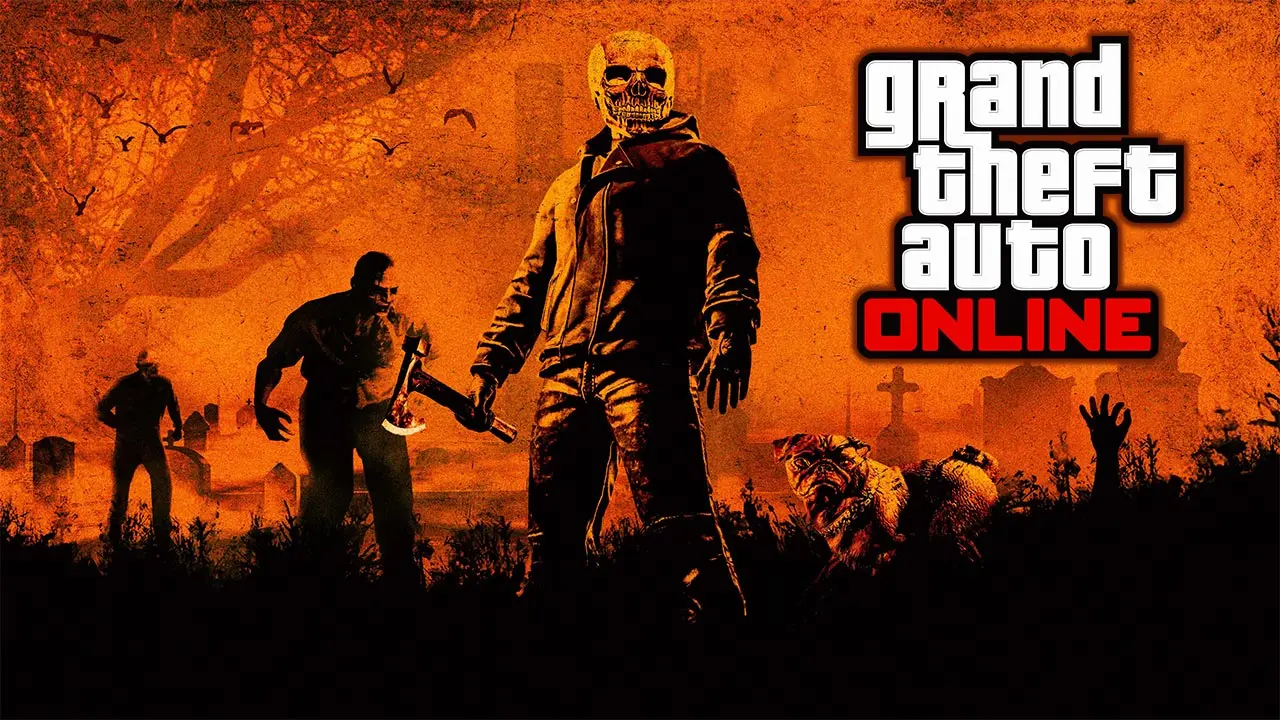Image d'un cimetière dans le jeu vidéo GTA Online dans une atmosphère orange, en référence à Halloween.