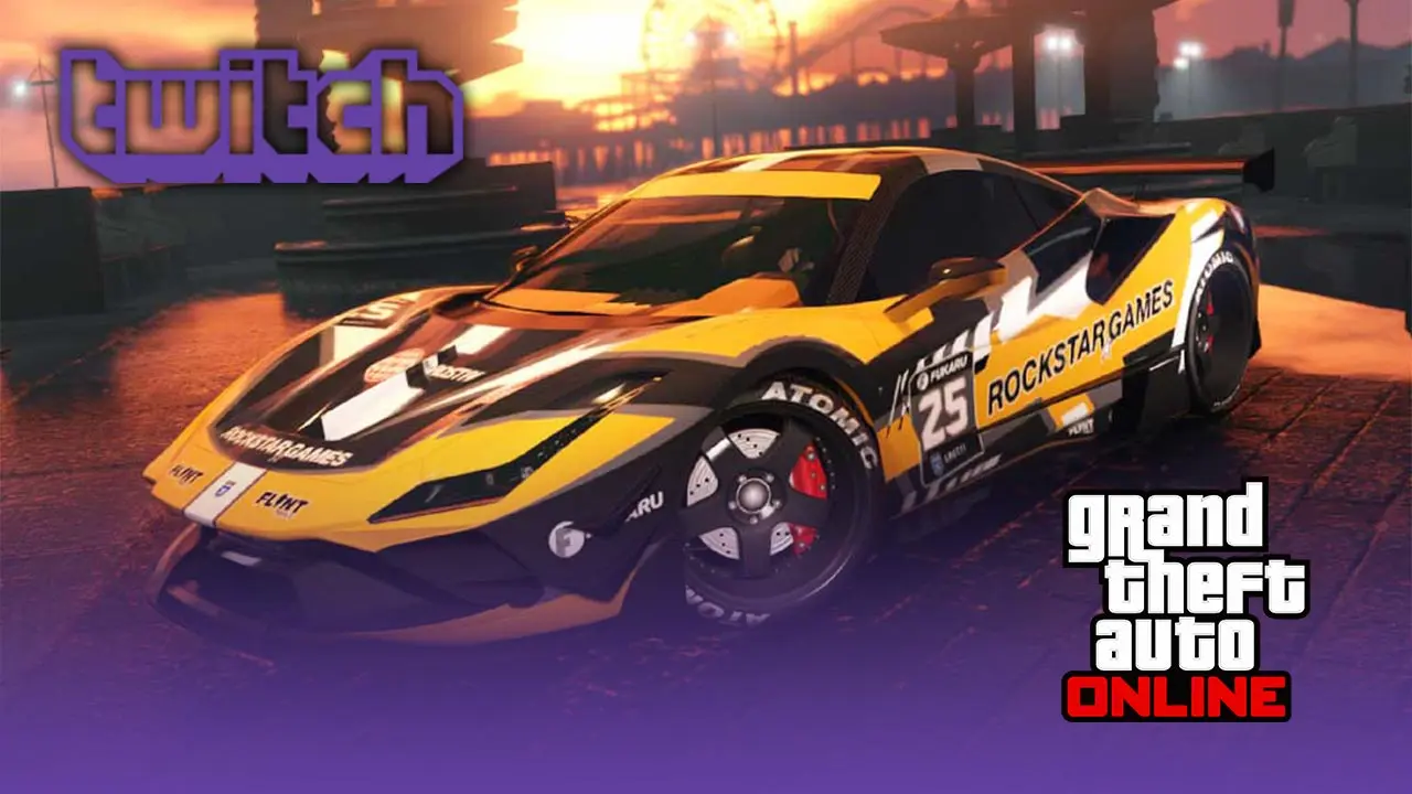 Voiture Grotti Turismo Omaggio vue de devant, avec le motif "Rockstar Motorsport" sur sa carrosserie, qui sont tous les deux à débloquer dans GTA Online en Twitch Drops.