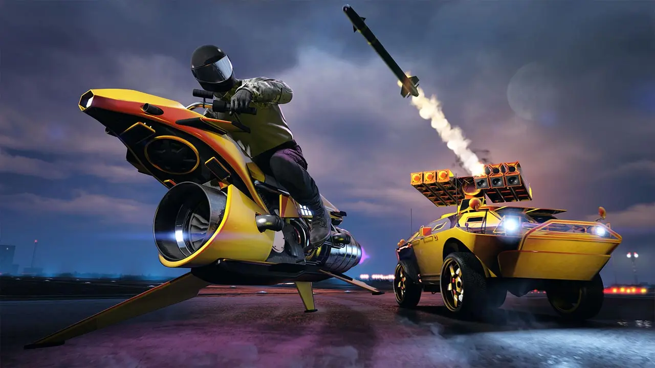 Moto Pegassi Oppressor Mk2 et l'APC, peint tous les deux avec la peinture caméléon GTA+ d'octobre 2026, intitulée "Flip rouge/orange"