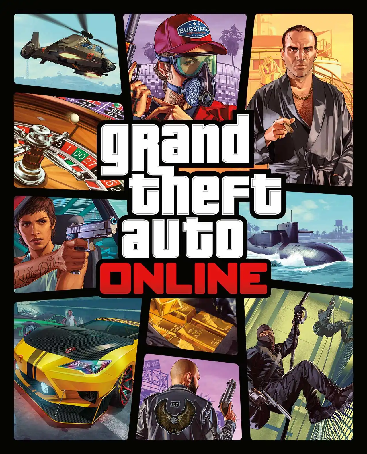 Assemblage de divers artworks de différentes mises à jour de GTA Online, affin d'en faire la jaquette du jeu, avec son logo au centre de cette image.